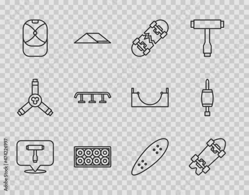 Set line Skateboard T tool, Longboard or skateboard, Broken, wheel, Baseball cap, stairs with rail, and Screwdriver icon. Vector