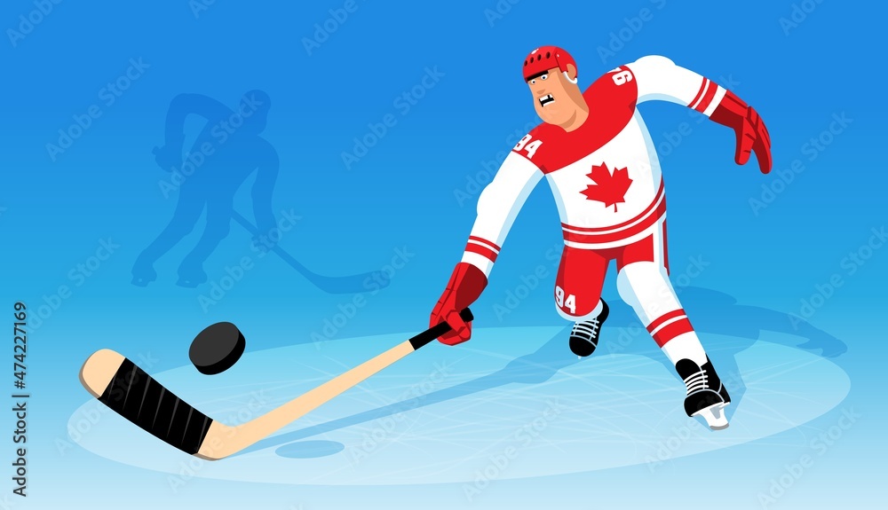 Canadian ice hockey player runs for the puck. Hockey player striker during the match. Vector cartoon illustration.