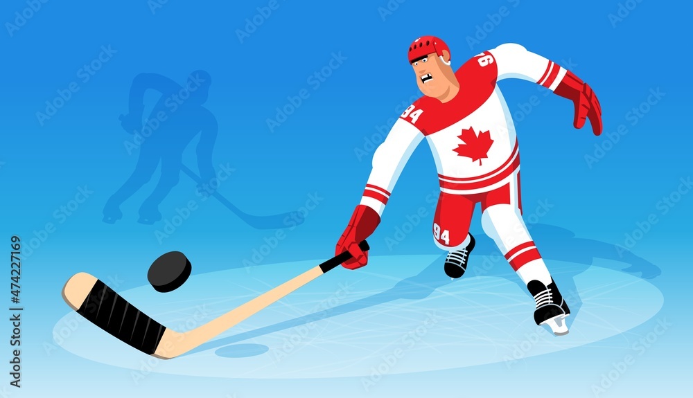 Obraz premium Canadian ice hockey player runs for the puck. Hockey player striker during the match. Vector cartoon illustration.