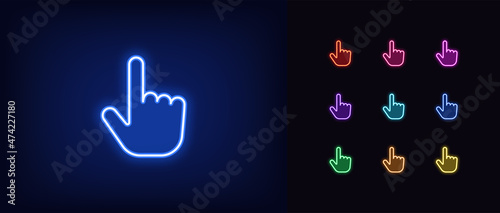 Outline neon finger cursor icon. Glowing neon cursor sign, hand pointer pictogram in vivid colors