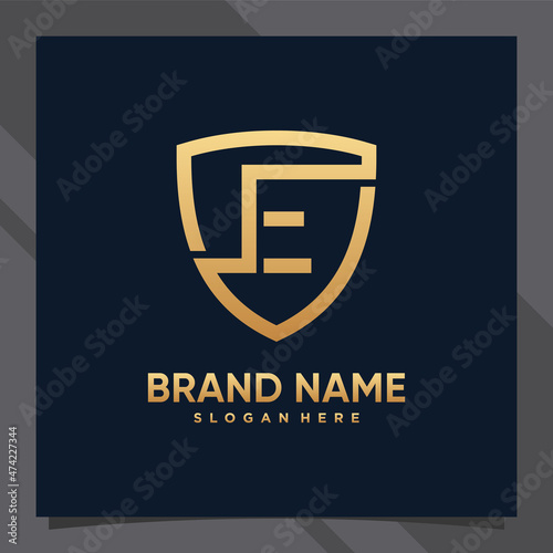 Free Download Creative monogram initial letter e with shield concept and golden style color - GFXLoad
