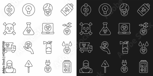 Set line Dosimeter, Acid rain and radioactive cloud, Radioactive, Planet earth radiation, Test tube, Bones skull warning, Atom and Nuclear laptop icon. Vector