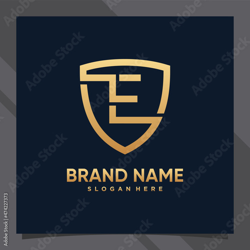 Free Download Creative monogram initial letter e with shield concept and golden style color - GFXLoad