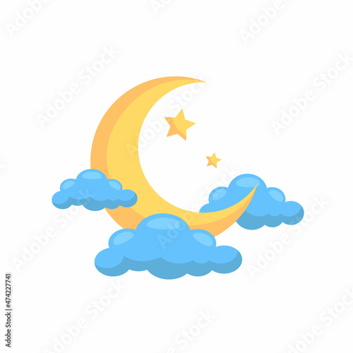 Moon with clouds isolated on white background.  Nighttime concept. Vector stock