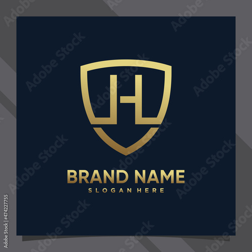 Creative monogram initial letter h with shield concept and golden style color