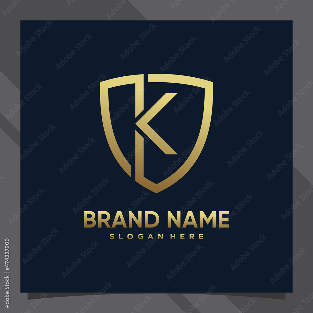 Creative monogram initial letter k with shield concept and golden style color Creative monogram initial letter k with shield concept and golden style color