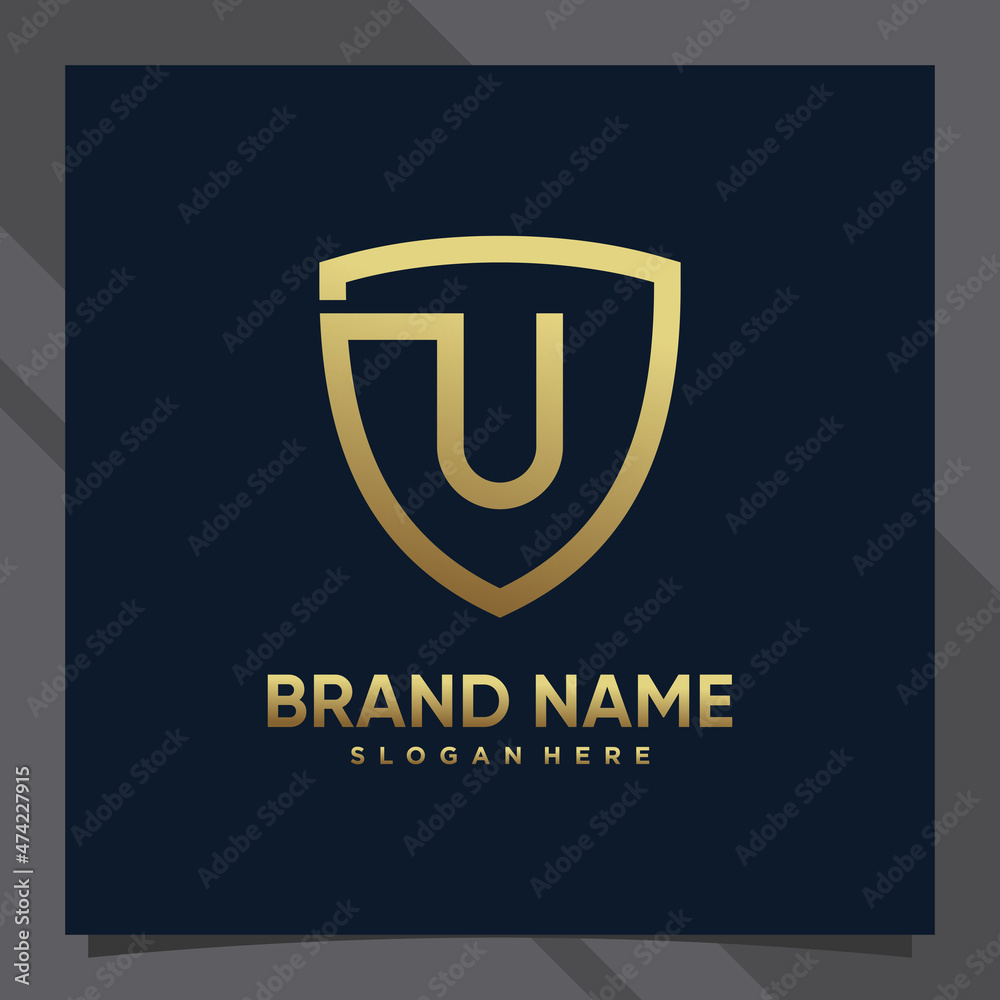 Creative monogram initial letter u with shield concept and golden style color Creative monogram initial letter u with shield concept and golden style color