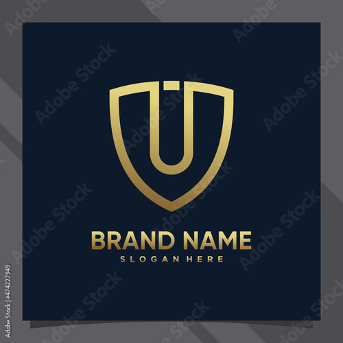 Creative monogram initial letter u with shield concept and golden style color