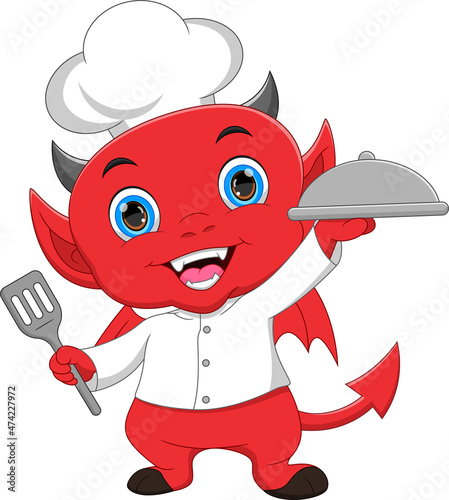 cartoon chef little devil carrying a tray of food