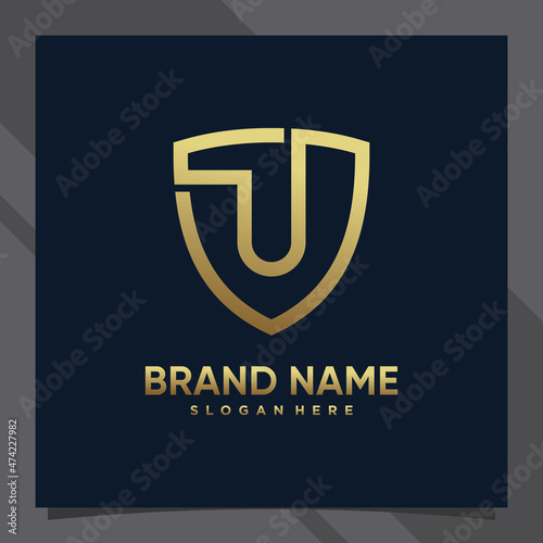 Creative monogram initial letter u with shield concept and golden style color