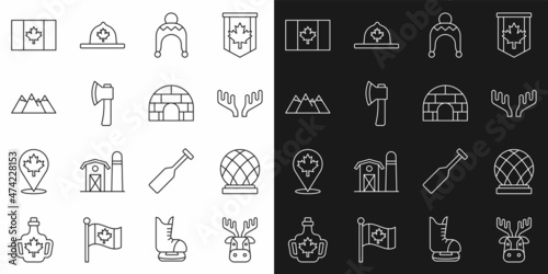 Set line Deer head with antlers, Montreal Biosphere, Winter hat, Wooden axe, Mountains, Flag of Canada and Igloo ice house icon. Vector