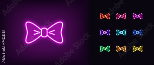 Outline neon bow knot icon. Glowing neon bowtie sign, bow necktie pictogram in vivid colors