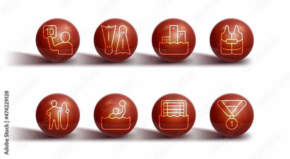 Set line Assessment of judges, Surfboard, Life jacket, Water polo, Flippers for swimming, Medal and Winner podium icon. Vector