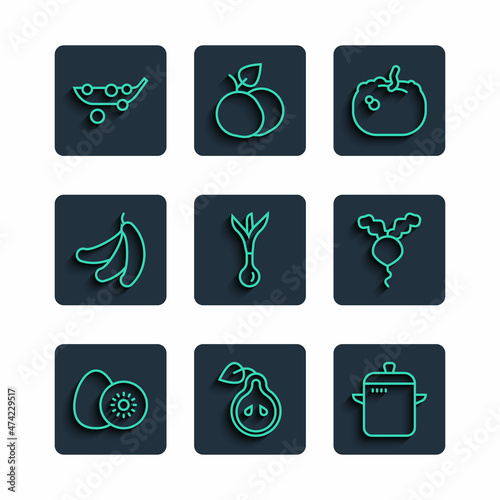 Set line Kiwi fruit, Pear, Cooking pot, Pumpkin, Onion, Banana, Peas and Radish icon. Vector