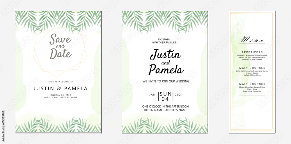 Green watercolor wedding invitation card template set with line decoration. Abstract background save the date, invitation, greeting card, multi-purpose