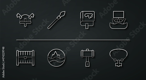 Set line Viking in horned helmet, Antique treasure chest, ship Drakkar, Battle hammer, Sea and waves, Medieval spear, Necklace with gem and book icon. Vector