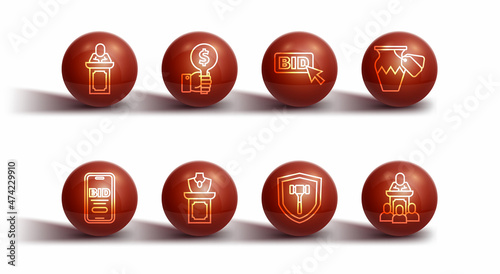 Set line Auction auctioneer sells, Online, ancient vase, hammer, jewelry sale, Hand holding paddle, and Bid icon. Vector