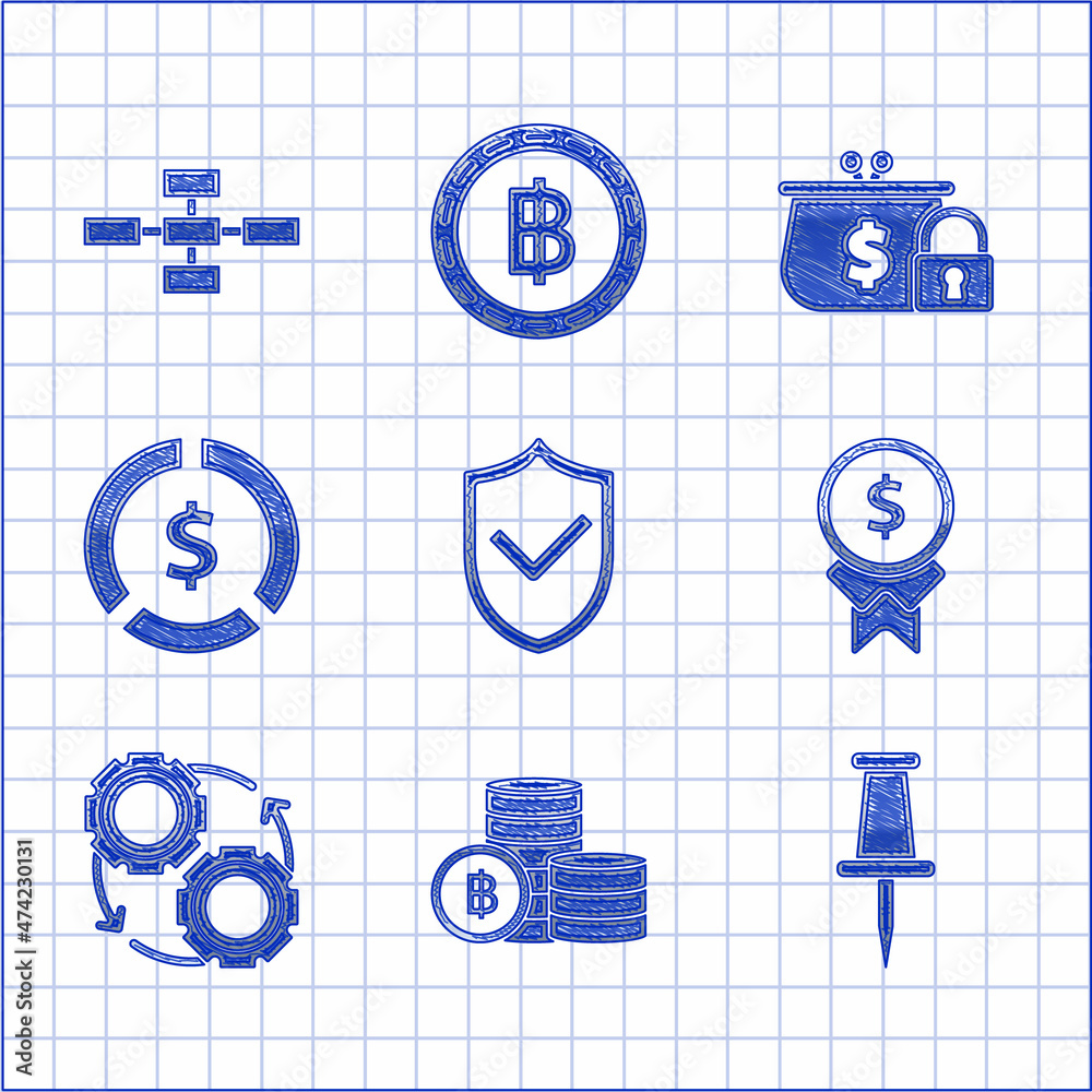 Set Shield with check mark, Gear and arrows as workflow process concept, Coin money dollar symbol, Closed wallet lock and Business hierarchy organogram chart infographics icon. Vector Set Shield with check mark, Gear and arrows as workflow process concept, Coin money dollar symbol, Closed wallet lock and Business hierarchy organogram chart infographics icon. Vector
