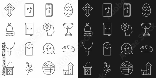 Set line Church building  Christian bread  chalice  cross on phone  Holy bible book  bell  and Priest icon. Vector