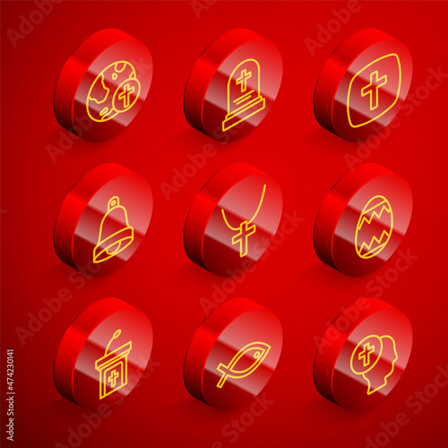Set line Christian cross with globe, Grave tombstone, Church bell, chain, Easter egg, sermon tribune and fish symbol icon. Vector