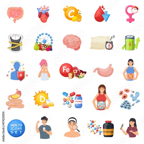 Health icons set. Healthcare, medicine elements. Medical colorful vector illustration for mobile apps, infographics.