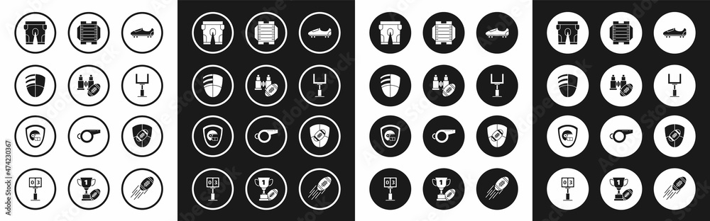 Set Soccer or football shoes with spikes, Binoculars and american, Football club logo template, American shorts, goal post, field, shield and helmet icon. Vector
