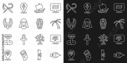 Set line Butterfly fish, Eye of Horus, Tropical palm tree, Egyptian ship, man, necklace, Crook and flail and mummy in sarcophagus icon. Vector