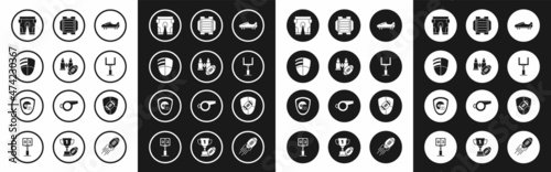 Set Soccer or football shoes with spikes, Binoculars and american, Football club logo template, American shorts, goal post, field, shield and helmet icon. Vector