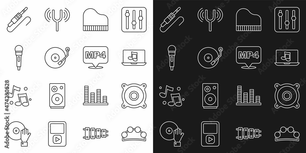 Set line Tambourine, Stereo speaker, Laptop with music, Grand piano, Vinyl player, Microphone, Audio jack and MP4 file document icon. Vector