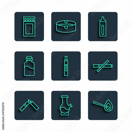 Set line Broken cigarette, Bong, Burning match with fire, Electronic, Vape liquid bottle, Matchbox and matches and No smoking icon. Vector