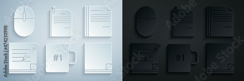 Set Coffee cup, File document, Blank notebook and pencil with eraser, paper clip and Computer mouse icon. Vector
