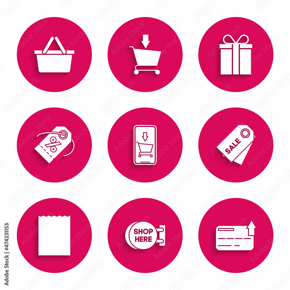 Set Mobile phone and shopping cart, Signboard hanging with inscription here, Credit card, Price tag Sale, Paper bag, Discount percent, Gift box and Shopping basket icon. Vector Set Mobile phone and shopping cart, Signboard hanging with inscription here, Credit card, Price tag Sale, Paper bag, Discount percent, Gift box and Shopping basket icon. Vector