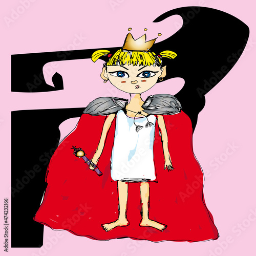 Displeased little princess with ponytails in red mantle and in white undershirt. Funny drawing