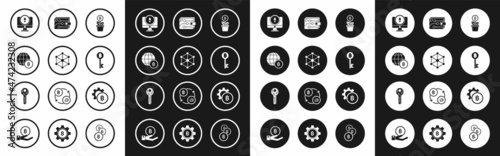 Set Bitcoin plant in the pot, Blockchain technology, Globe and cryptocurrency, Monitor Cryptocurrency Ethereum ETH, key, wallet, and icon. Vector