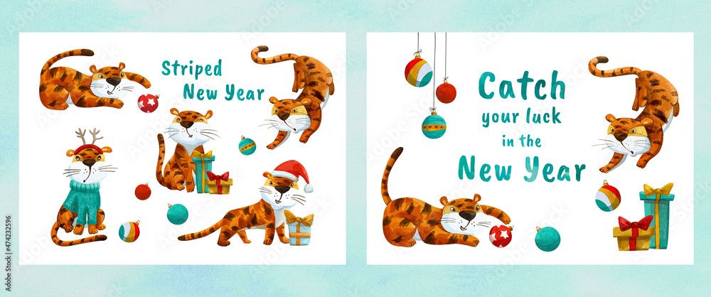 Set of New Year cards with the tiger symbol of 2022. Set of New Year cards with the tiger symbol of 2022.