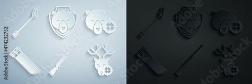 Set Hunting gun, on bear with crosshairs, Quiver arrows, deer, Bear head shield and Flame icon. Vector