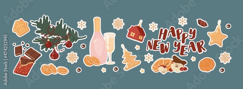 New Year banner. Holidays, weekends, Christmas. Winter time. Candy, caramel, chocolate,cookies, biscuits with cream, cake. Isolated vector colorful element. 