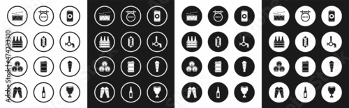 Set Beer can, Hotdog sandwich with mustard, Pack of beer bottles, Musical instrument drum drum sticks, tap, Street signboard inscription, Glass and Wooden barrel rack stopcock icon. Vector