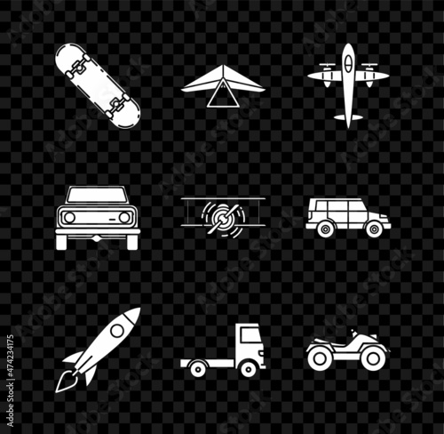 Set Skateboard, Hang glider, Old retro vintage plane, Rocket ship with fire, Delivery cargo truck vehicle, All Terrain Vehicle or ATV motorcycle, Off road and icon. Vector
