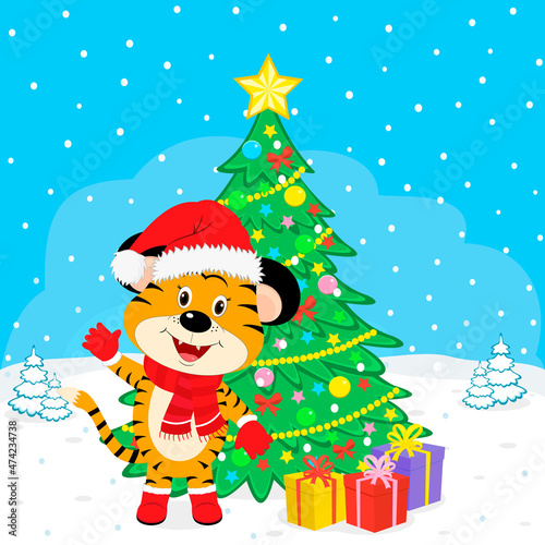 christmas cute cartoon tiger and tree