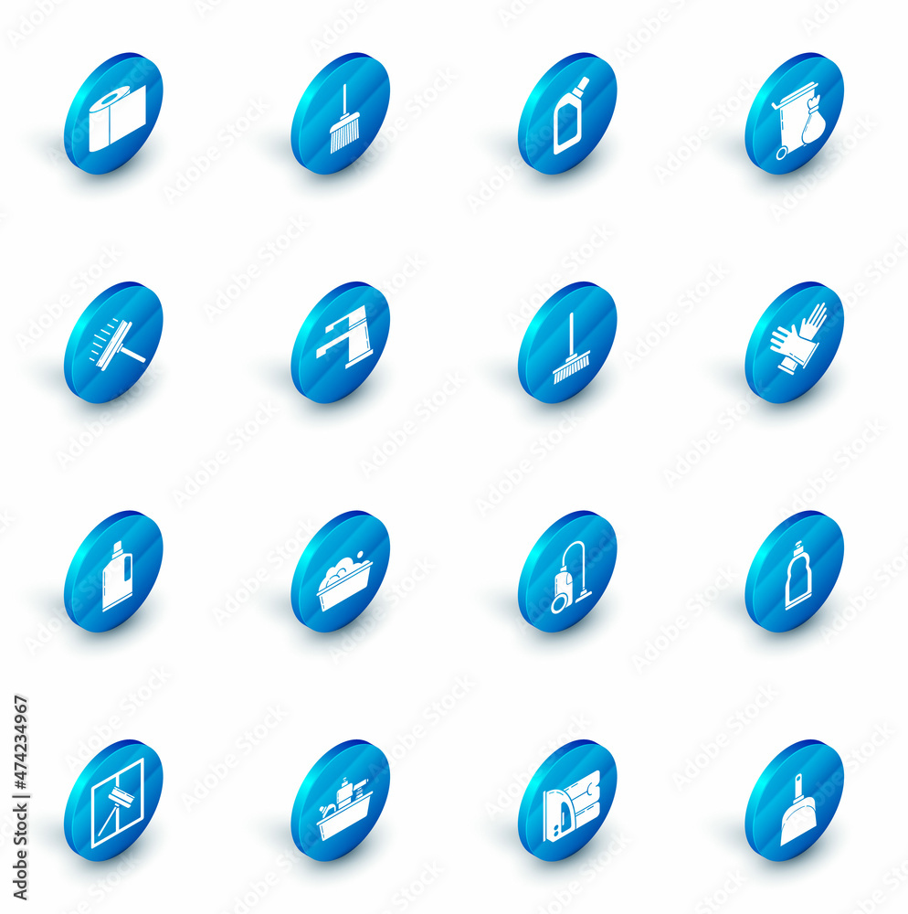 Set Handle broom, Plastic bottles for liquid dishwashing liquid, Trash can, Squeegee, scraper, wiper, Water tap, Rubber gloves and Mop icon. Vector Set Handle broom, Plastic bottles for liquid dishwashing liquid, Trash can, Squeegee, scraper, wiper, Water tap, Rubber gloves and Mop icon. Vector