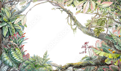 Watercolor frame with tropical jungle, leaves, branches and flowers