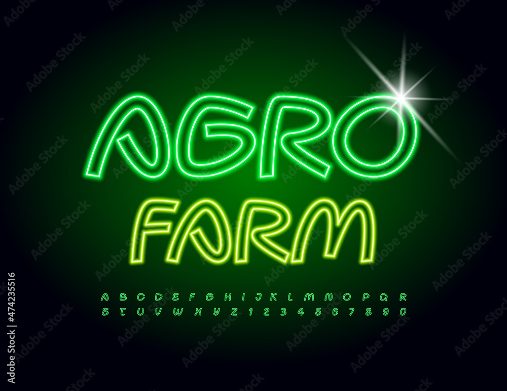 Vector bright Poster Agro Farm. Glowing Green Font. Handwritten Neon Alphabet Letters and Numbers. Vector bright Poster Agro Farm. Glowing Green Font. Handwritten Neon Alphabet Letters and Numbers.