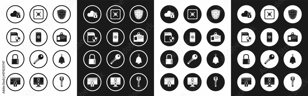 Set Shield with cyber security brick wall, Smartphone fingerprint scanner, SD card and shield, Cloud computing lock, Identification badge, Safe, Ringing bell and combination icon. Vector Set Shield with cyber security brick wall, Smartphone fingerprint scanner, SD card and shield, Cloud computing lock, Identification badge, Safe, Ringing bell and combination icon. Vector