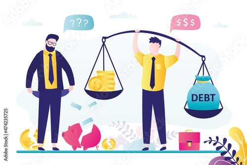 Businessman with empty pockets, bankrupt not have enough money to pay off debts. Tax inspector or banker holds scales with coins and debts. Lack of funds to pay. Financial crisis.