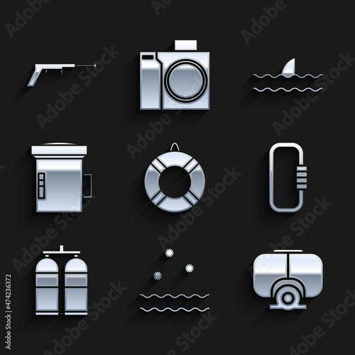 Set Lifebuoy, Cold and waves, Diving mask, Carabiner, Aqualung, Big flashlight for diver, Shark fin ocean and Fishing harpoon icon. Vector