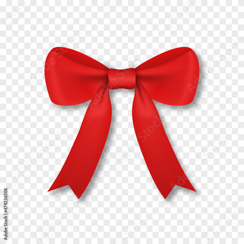 Vector red gift bow on isolated transparent background. Realistic bow png, decorative red bow.