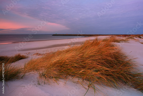 Wydmy na wybrzeżu Morza Bałtyckiego w promieniach zachodzącego słońca, Kołobrzeg, Polska.