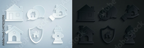 Set House with shield, Realtor, Fire hydrant, building in speech bubble and icon. Vector