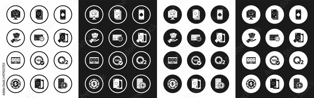 Set Online poker table game, Credit card, Hand holding deck of playing cards, Playing with spades, heart, Casino chips and slot machine lucky sevens jackpot icon. Vector Set Online poker table game, Credit card, Hand holding deck of playing cards, Playing with spades, heart, Casino chips and slot machine lucky sevens jackpot icon. Vector